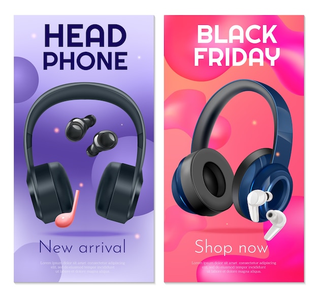 Modern music vertical banner template with headphones and bubble shapes on colorful background