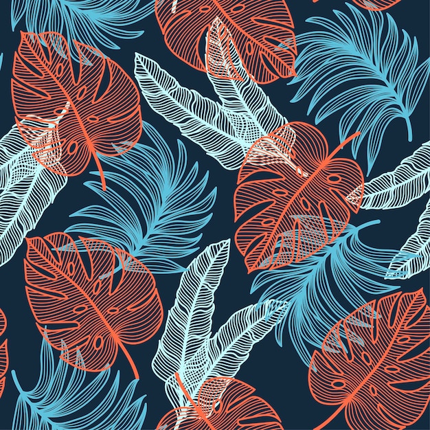 Modern naadloos tropisch patroon met heldere planten en bladeren op een blauwe achtergrond