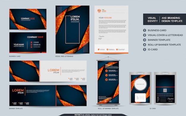 Modern navy stationery and visual brand identity set.