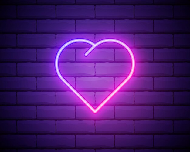 Современный неоновый радужный светящийся сердечный баннер на темном пустом фоне гранж-кирпича Векторный винтажный фиолетовый розовый синий цветной знак сердца Ретро-неоновый символ Дня святого Валентина