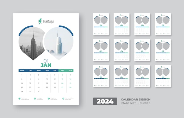 Modello di calendario da parete moderno per capodanno 2024. design del calendario moderno e minimale