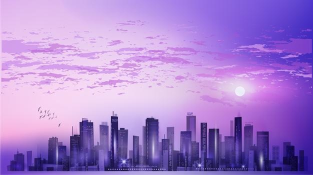 Vector modern night city cityscape in moonlight or sunset with reflection in water and cloudy sky