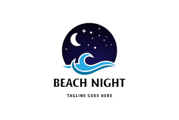 Modern Night Moon Star Ocean Beach Sea with Wave for Travel Adventure Logo Design Vector