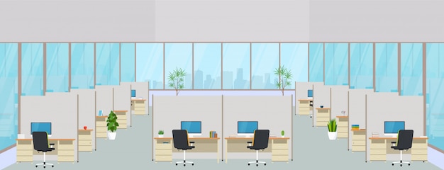 Modern office center with workplaces. empty workspace for co-working, design business room with large windows, furniture in the interior, desktops and chairs, computer equipment.