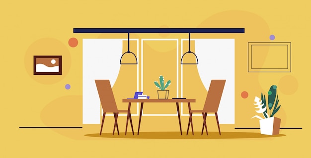 Vector modern office interior creative co-working workplace table with chairs empty no people cabinet sketch doodle  yellow wall