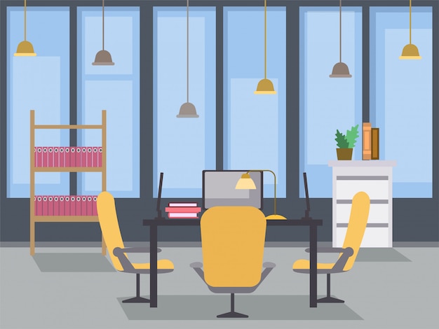 Modern office interior design flat illustration. Coworking open space, contemporary building workplace