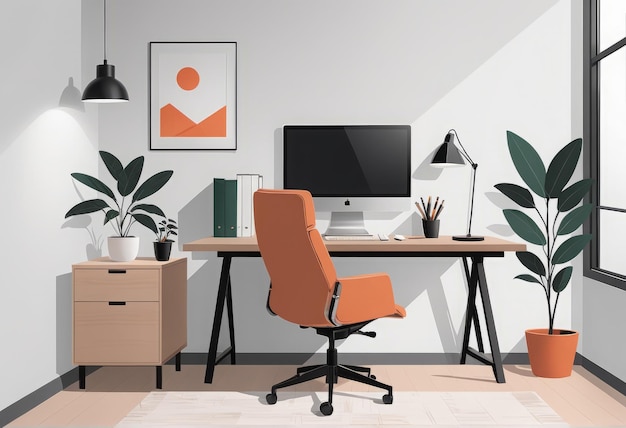 Vector modern office interior design with computer and desk 3d rendering modern office interior desig