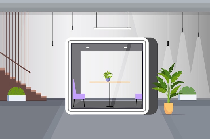 Vector modern office interior empty no people workspace in protective glass cabin horizontal vector illustration