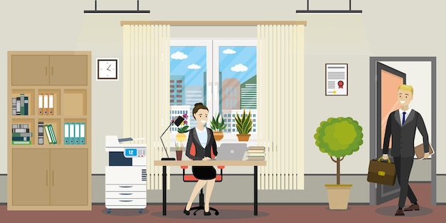 Vector modern office room and business people or office workers