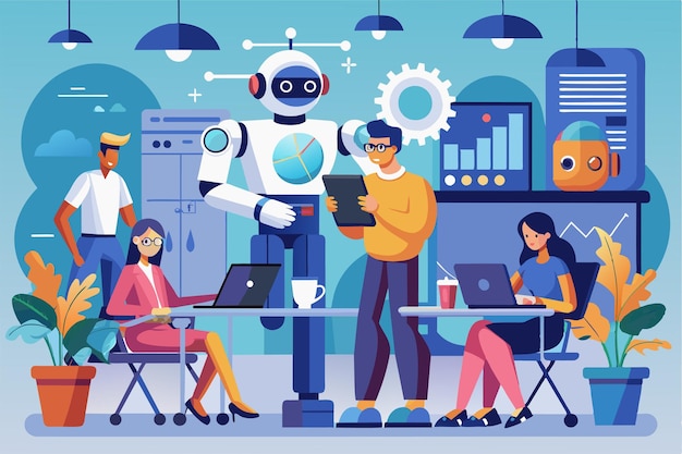 チームコラボレーションとロボットアシスタントを備えたモダンオフィス