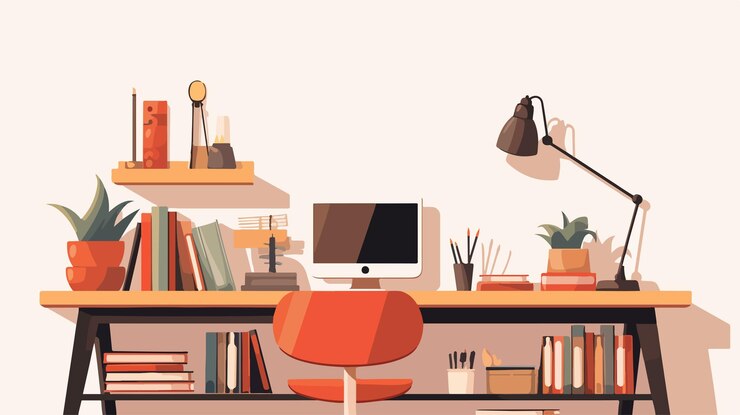 Vector modern office workspace with computer and lamp