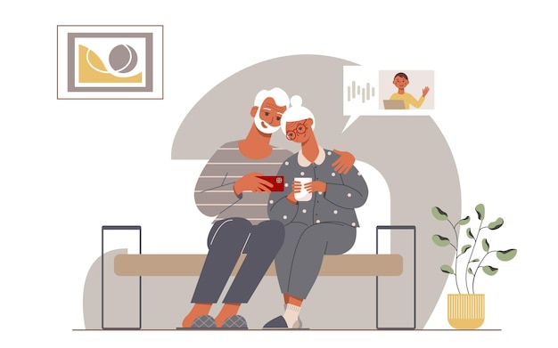 Modern old couple at home Elderly grandmother and grandfather chat online with grandson