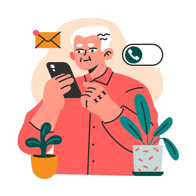 Vector modern old male character using internet mobile phone and computer