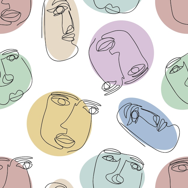 Modern one line hand drawn abstract faces seamless pattern