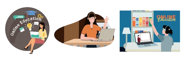 Modern Online Learning Woman Using Headphones and Laptop A Virtual Online Classroom with Student