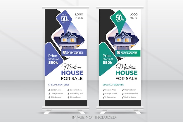 Modern onroerend goed huis te koop Roll-up banner sjabloonontwerp