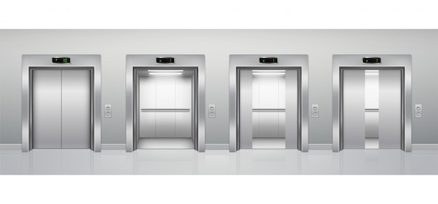 Modern open and closed metallic chrome office building passenger elevator. Realistic elevator in an empty corridor.