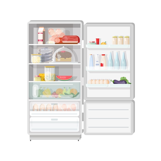 Современный открытый холодильник, полный различных продуктов