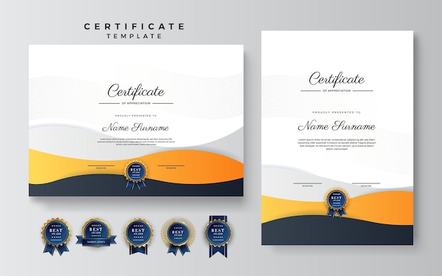 Modern orange and black certificate of achievement template with gold badge and border