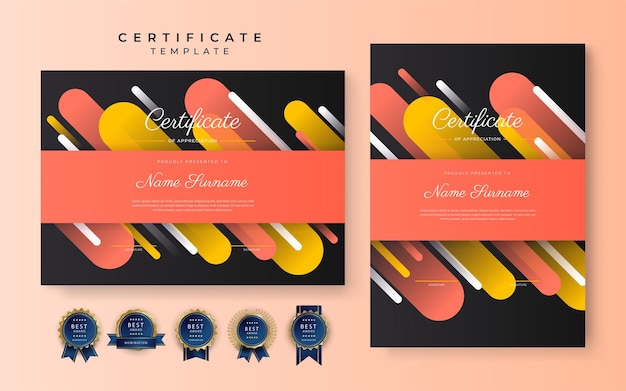 Modello di confine moderno giallo arancio con certificato di conseguimento con badge di lusso e motivo a linee moderne per esigenze aziendali e educative