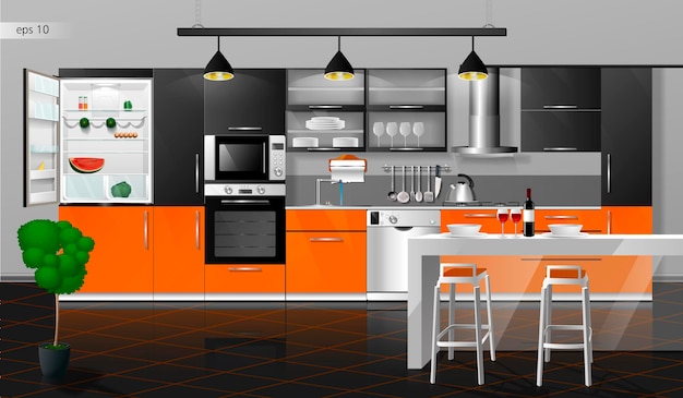 Modern oranje en zwart keukeninterieur vectorillustratie huishoudelijke keukenapparatuur