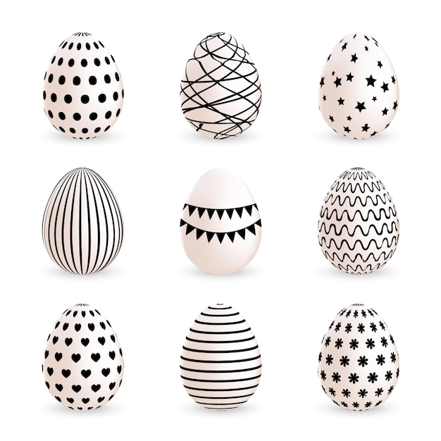 Modern painted Easter eggs set on white background