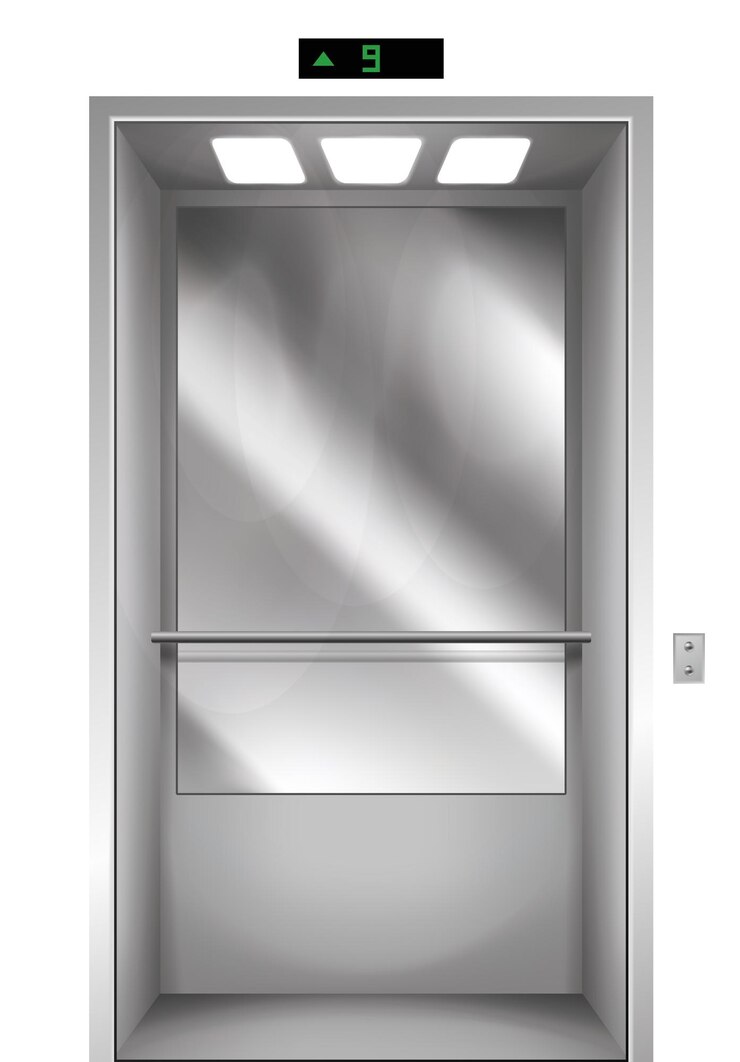Vector modern passenger or cargo elevator lifts with opened metallic cabins doors elevator door in office building floor indicator digits realistic vector illustration