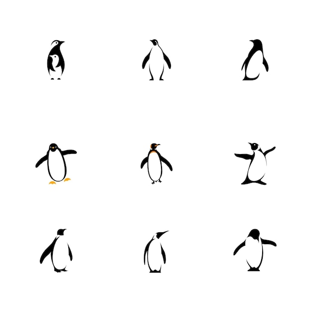 Vettore insieme moderno di progettazione di logo del fumetto del pinguino