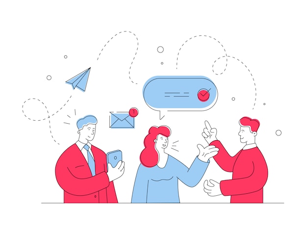 Modern people using online communication. Flat line   illustration