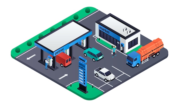 Modern petrol station illustration, isometric style