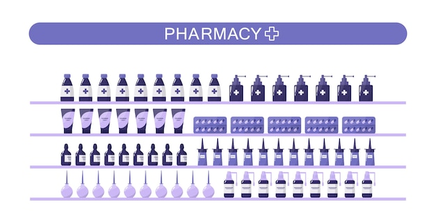 Modern pharmacy shelves with medicaments and drugs. Healthcare and medical treatment concept.    