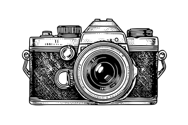 Vector modern photo camera in engraving style vector retro hand drawn illustration