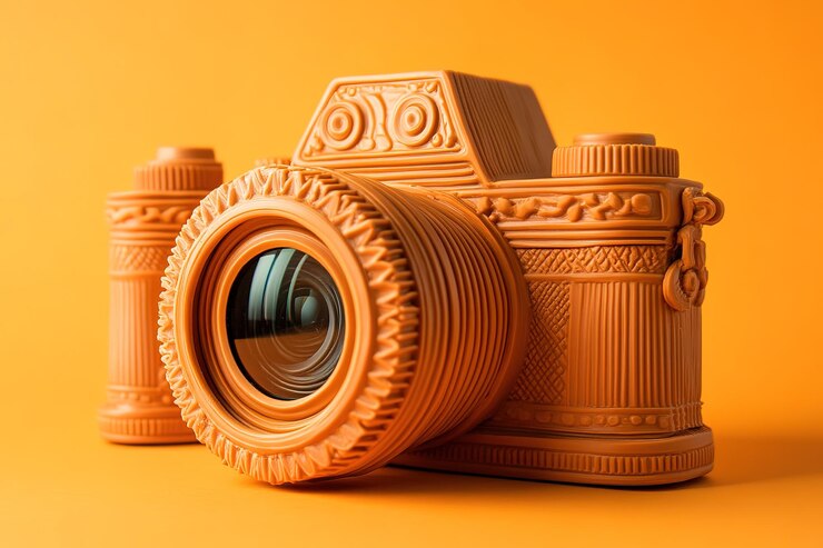 Vector modern photo camera in neon lights on table