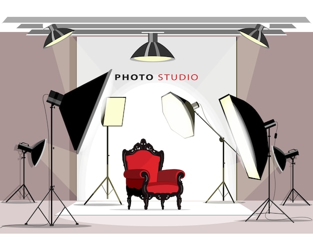 Vector modern photo studio interior with lighting equipment and armchair.