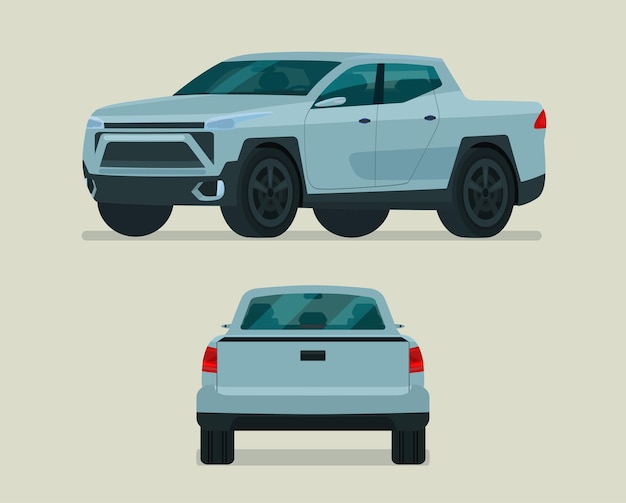 Vector modern pickup truck set. pickup truck with side and back view.