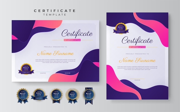 Современный розово-фиолетовый сертификат шаблона награды за достижения со значком и рамкой для бизнеса и корпораций