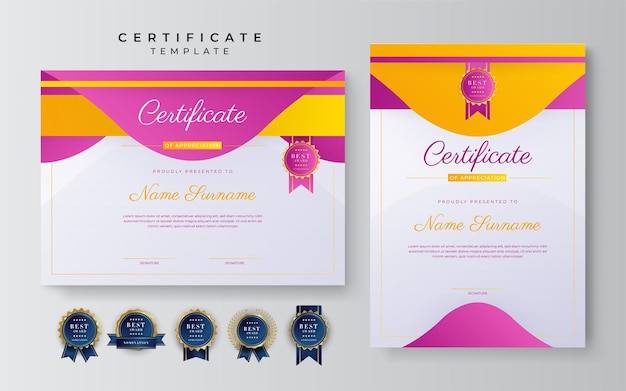 Modern pink and yellow certificate of achievement award template with badge and border for business and corporate