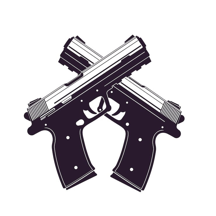 Vector modern pistols, two crossed handguns isolated over white