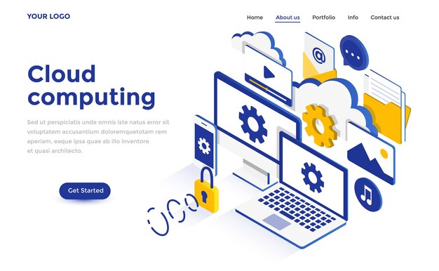 Modern plat isometrisch ontwerpconcept van cloud computing voor website en mobiele website. sjabloon voor bestemmingspagina's. gemakkelijk te bewerken en aan te passen. vector illustratie