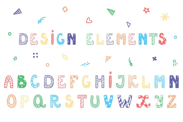 Modern playful style font design childish alphabet letters with design elements Vector isolated font