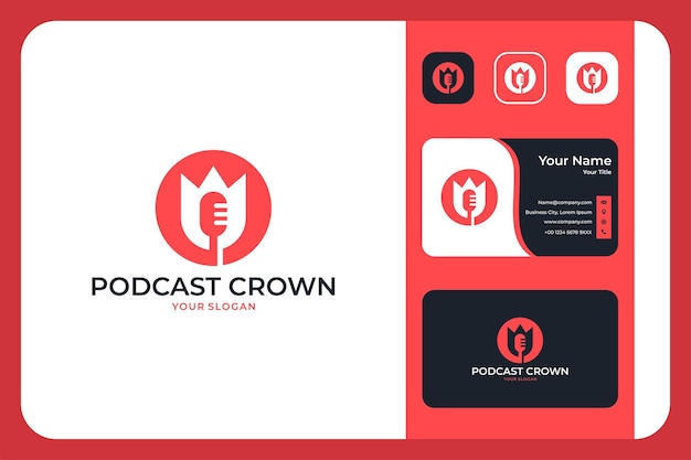 크라운 로고 디자인과 명함이 있는 현대적인 팟캐스트