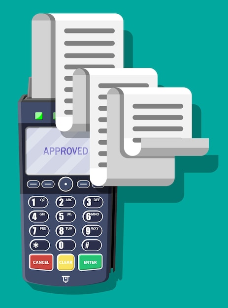 Vector modern pos terminal with big paper receipt. shopping concept. bank payment device. payment nfc keypad machine. credit debit card reader. vector illustration in flat style