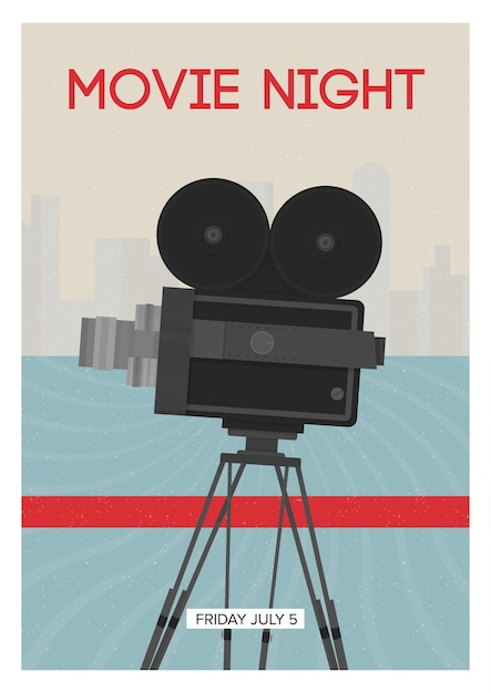 Vector modern poster template for movie night, premiere or cinema festival show time with retro film camera or projector standing on tripod. colorful vector illustration for event announcement.