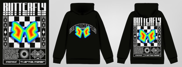 Vector modern poster with butterfly and thermal imager effect in techno style stylish print for hoodies