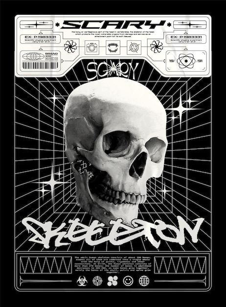 Modern poster with human skull Horror style with elements of techno design