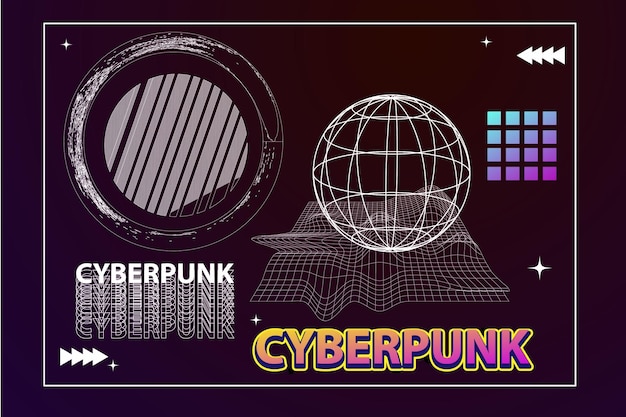 현대적인 포스터, 스트리트웨어, 90년대 스타일의 사이버 펑크, 레트로 퓨처리즘. 모양, 장식 벡터