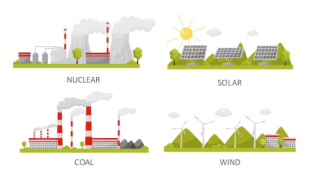 현대 발전소 컬렉션 원자력 태양 석탄 풍력 산업 공장 건물 색 배경에 터 일러스트레이션