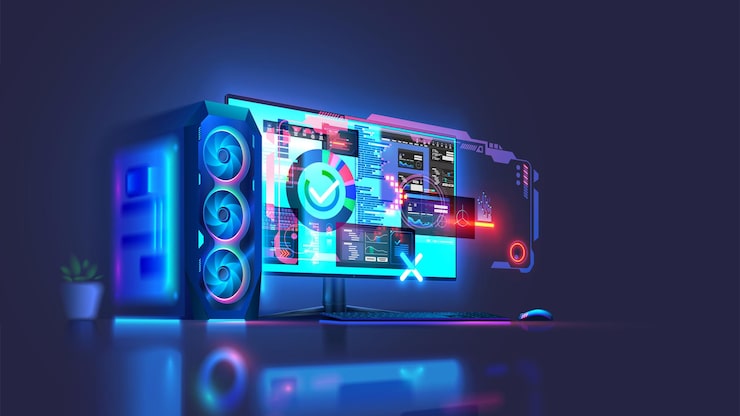 Vector modern powerful desktop pc computer in dark computer case of gaming pc with empty monitor keyboard mouse on desk desktop computer with abstract interfaces of programs computer technology concept