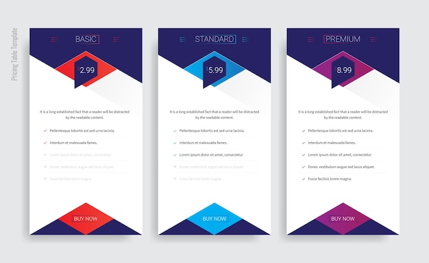 Vector modern pricing plan table chart comparison infographic template with three plan type