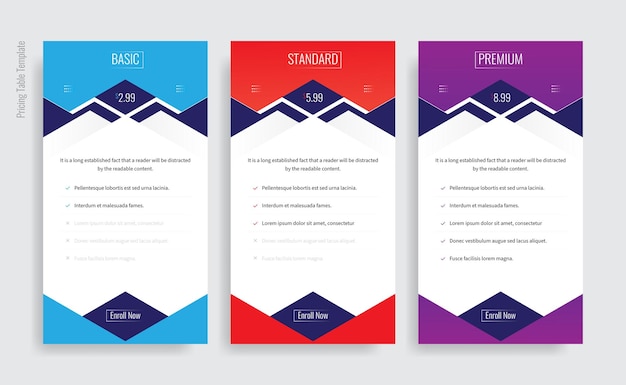 Vector modern pricing plan table chart comparison infographic template with three plan type